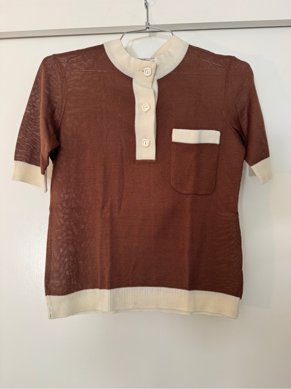 Valentino Vintage 70s Brown/ Cream Fine Knit Short Sleeve Polo Sweater Size M
